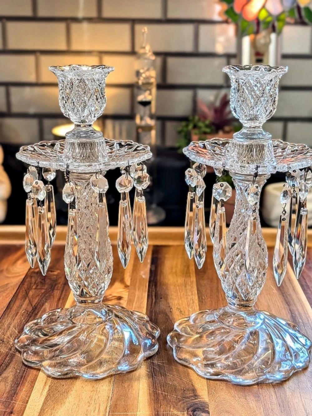 Vintage Indiana Glass Prestige Crystal Prism Diamond Point Candle Holders 174